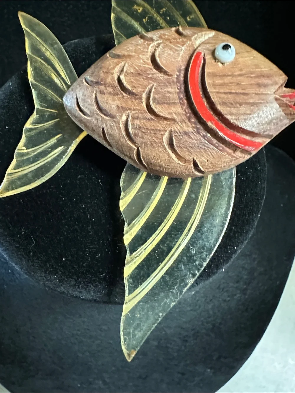Vintage 1940s Carved Wood & Lucite Jelly Belly Flying Fish Brooch Pin WWII Era